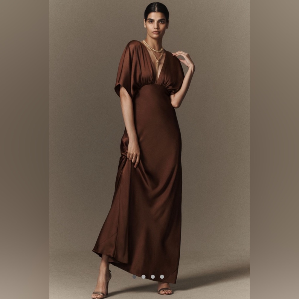 BHLDN Amelia Deep V Satin Maxi Dress 8 Chocolate